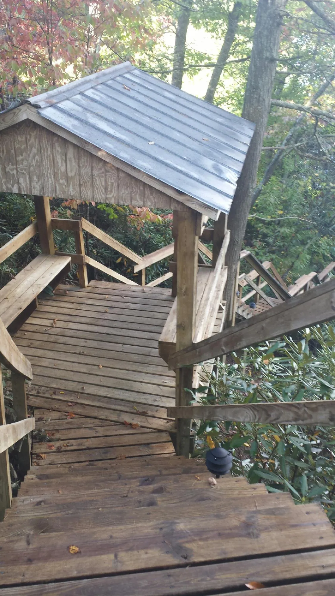 Metal roofed shelter over wooden steps on a wooded walkway — Skylight Repair & Installation work by our crew in Gresham